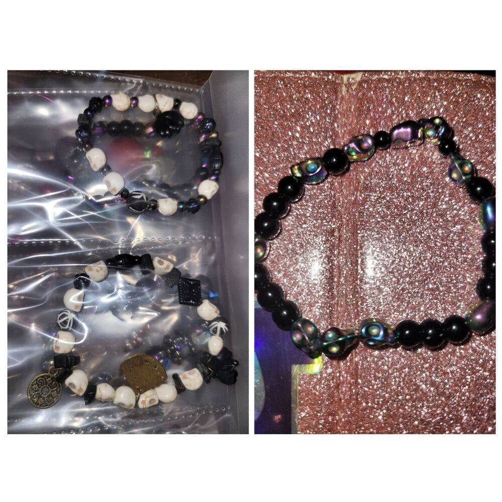 Cool galaxy metallic or stone skull charm beaded bracelet